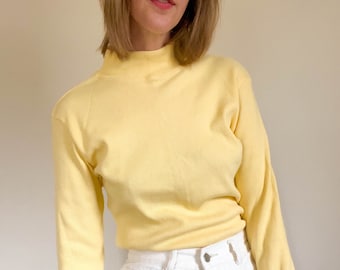 90s vintage butter yellow ribbed mock neck shirt / long sleeves / soft 100% cotton / made by Crossroads / minimal top / size medium