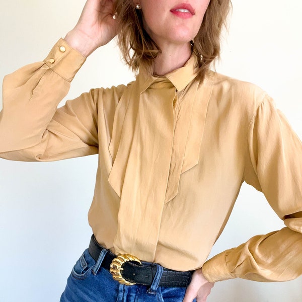 80s vintage 100% silk origami blouse / betty hanson / tan silk / little tiny collar / art deco folds / semi-sheer / size 6, fits small