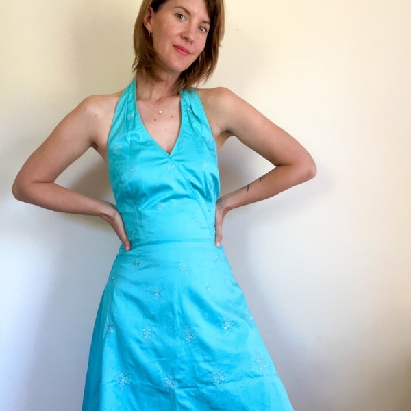 Y2K vintage embroidered halter neck dress / Ann Taylor / aqua blue / a line / backless / fully lined / summer sun dress / size 6