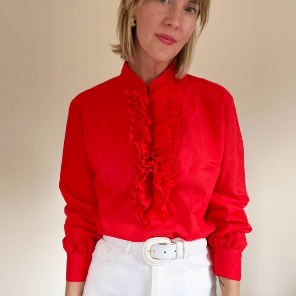 70s Vintage Red Ruffle Tuxedo Blouse / Bright Red / Jabot / Long Sleeve / Ruffle Collar / Victorian Revival / Christmas Blouse / Size M