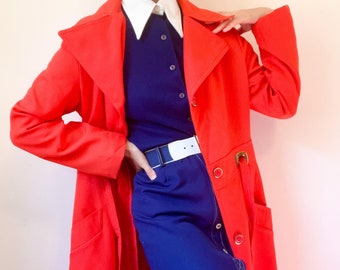 60s Vintage Mod Orange Trench Coat: Wide Collar, Gold
