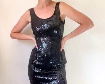 Vintage Black Sequin Mini Dress / Silk Little Black Dress / Low Back / Minimal Party Dress / Size Small