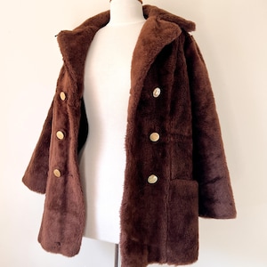 70s Vintage Faux Fur Peacoat: Brown Double Breasted Mod Coat (S-M)