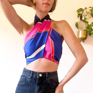 Vintage Geometric Print Scarf / Blue Orange Pink / Silk Feel / Retro Style / Vintage Accessory