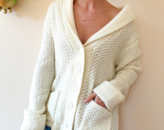 Cardigan épais crème vintage des années 70 / Rochelle California / Col châle / Gros boutons / Poches / Nylon acrylique / Taille Medium