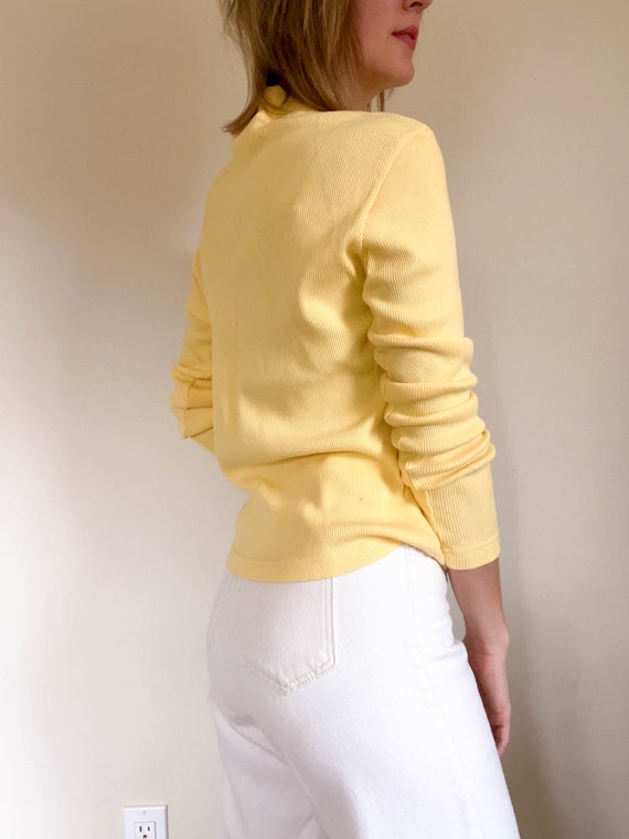 90s vintage butter yellow ribbed mock neck shirt … - image 5