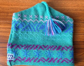 Bonnet de ski vintage des années 80 MURRAY MERKLEY avec pompon / Laine vierge tricotée à la main / Motif Fair Isle / Double bord / Vêtements de ski canadiens / Violet sarcelle