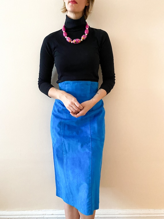 90s Vintage Blue Suede Skirt / DANIER / Bright Blu