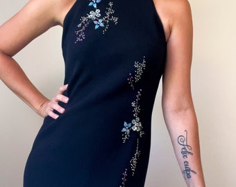 Année 2000 - Robe midi dos nu noire / Jones New York / Fleurs perlées appliquées / Style de robe nuisette / Robe crayon coupée en biais / Taille 4