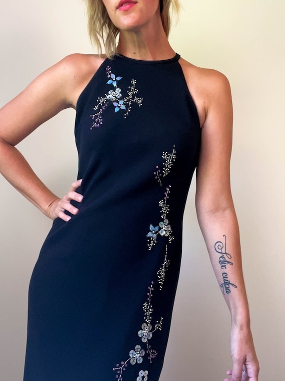 Y2K Black Halter Neck Midi Dress / Jones New York / Beaded Floral Applique  / Slip Dress Style / Bias Cut Pencil Dress / Size 4 - Etsy New Zealand