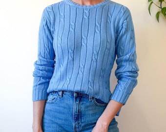 Pull VTG Eddie Bauer en maille torsadée / Bleu ciel / 100 % coton / Taille S