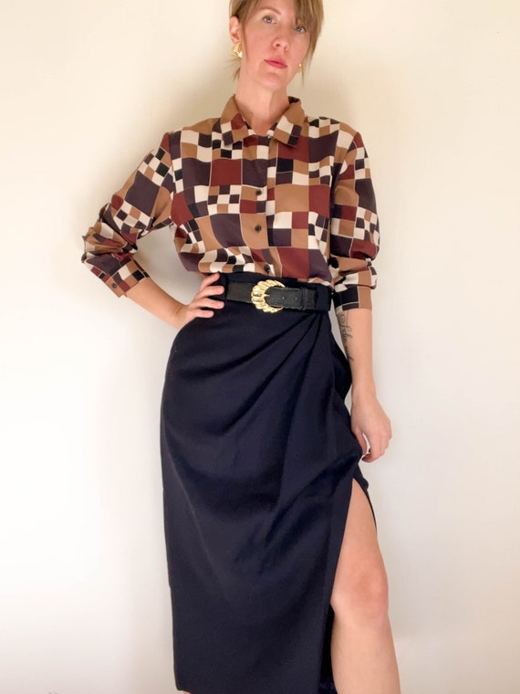 80s Vtg EMANUEL UNGARO Wrap Skirt / Mid-Length Bla