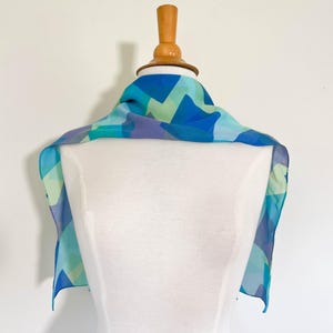 70s vintage hip to be square sheer scarf / geometric pattern / blue aqua lime purple / acetate / 13.5&quot; x 42&quot; / no signature