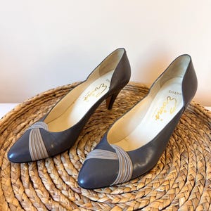 80s Vintage Evins Gray Leather Pumps: Pointed Toe, Made in Italy, Size 8