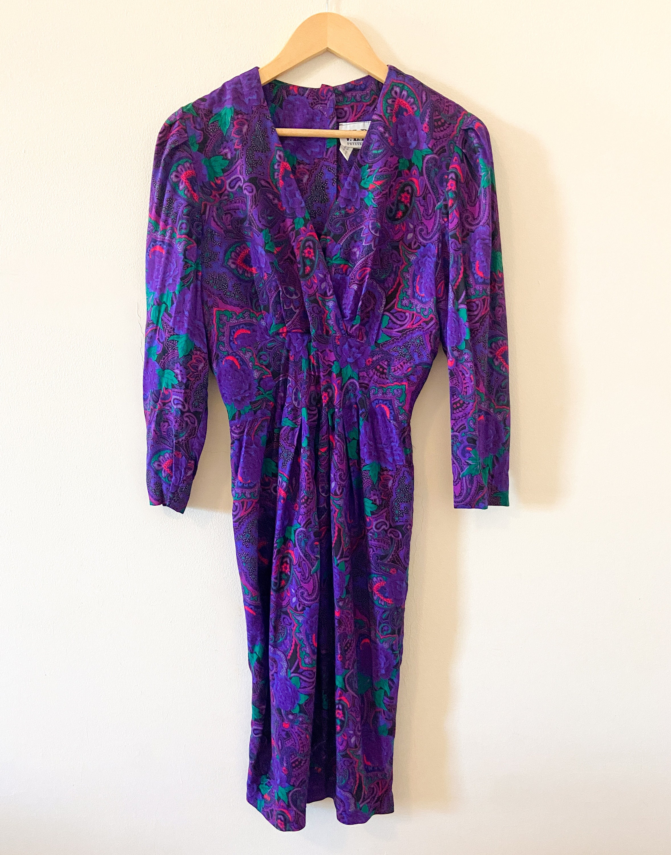 80s Vintage Purple Paisley Dress / Puff Sleeve Long Sleeve / V | Etsy