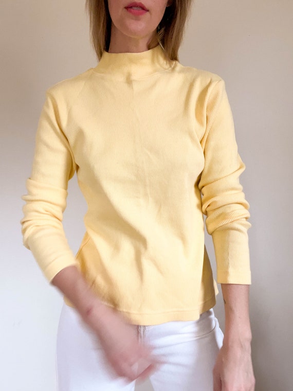 90s vintage butter yellow ribbed mock neck shirt … - image 4