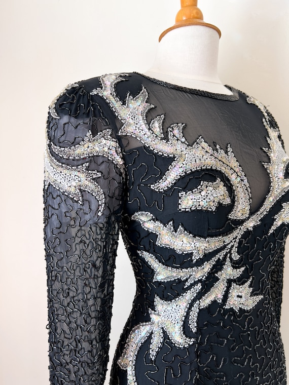 80s Noir Hand-Beaded Glamour Gown / 100% Silk / B… - image 4
