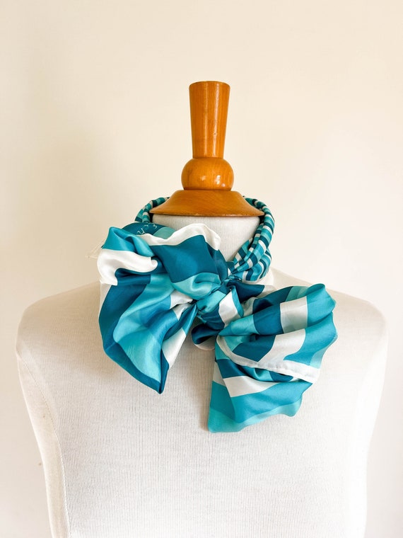 Vintage 100% Silk Aqua Stripes Scarf  / ECHO / Whi