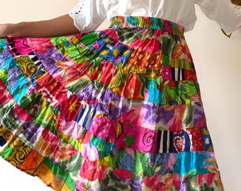 Jupe cercle vintage années 90, multicolore et déjantée / Style bohème / 100 % coton / Taille élastique / Convient aux tailles S