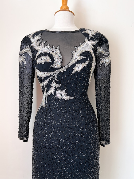80s Noir Hand-Beaded Glamour Gown / 100% Silk / Bl