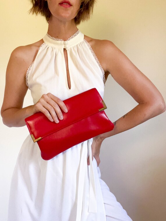 80s vintage lipstick red leather clutch / brass co