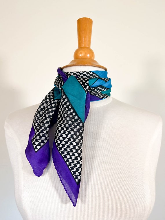 Vintage Color Block & Houndstooth Scarf / Silken … - image 2