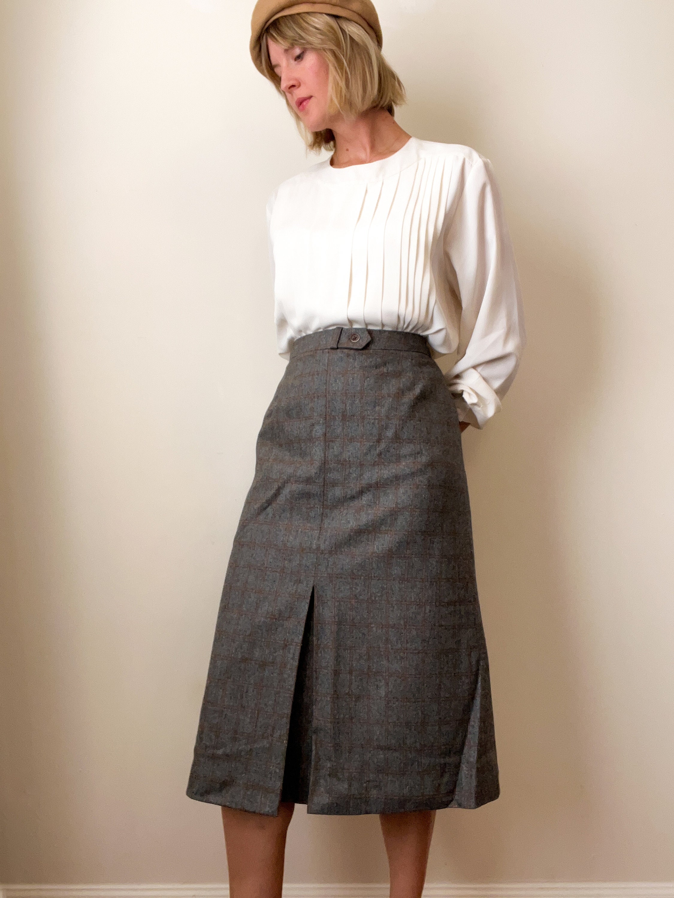 70s Gray Wool Blend Skirt / Gray Brown Plaid Check / High - Etsy