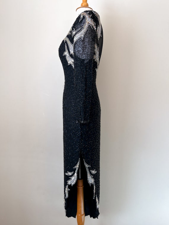 80s Noir Hand-Beaded Glamour Gown / 100% Silk / B… - image 5