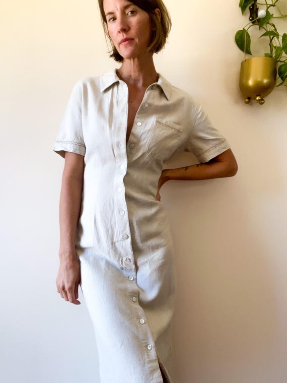 90s Vtg Wheat Linen-Blend Shirt Dress / Casual Corner / Mother of Pearl Buttons / Short Sleeve / Size 6