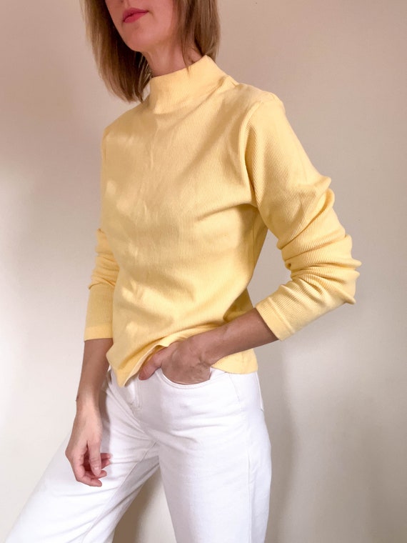 90s vintage butter yellow ribbed mock neck shirt … - image 3