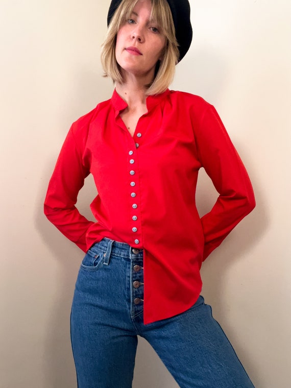 Vintage Cherry Red Button Up Blouse / Fitted Band Collar / Bracelet Sleeve /  Size S
