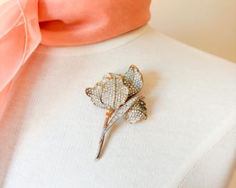 Broche fleur en cristal pavée JOMAZ des années 40 / 3,5" de haut 2,25" de large / tige de ton or / broche géante