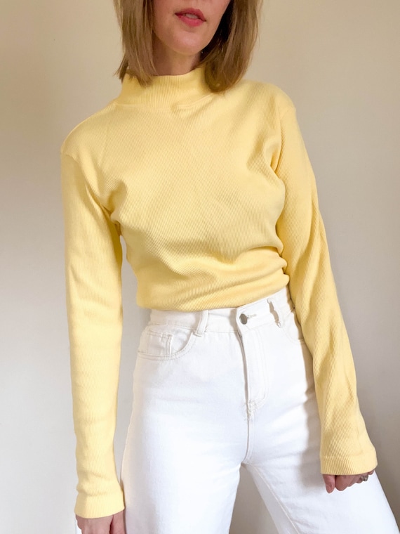 90s vintage butter yellow ribbed mock neck shirt … - image 1
