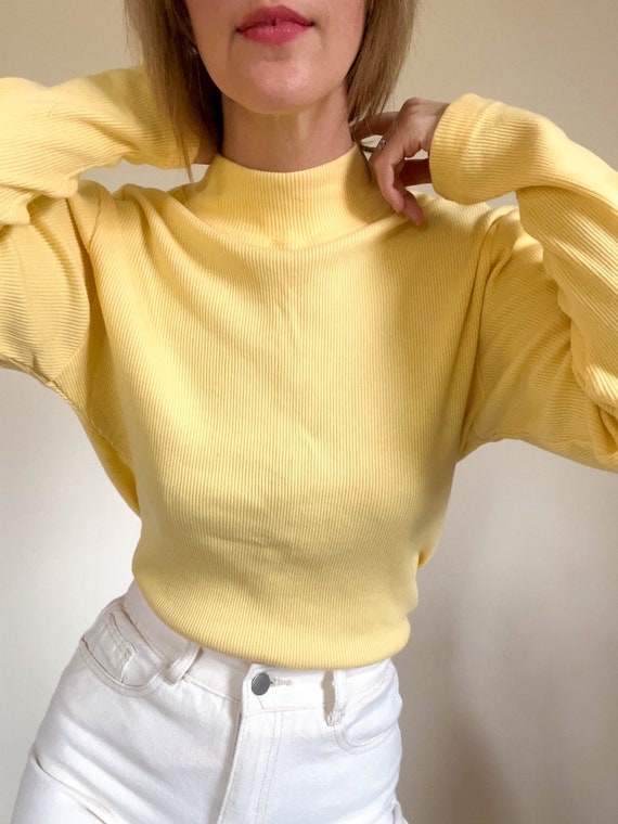 90s vintage butter yellow ribbed mock neck shirt … - image 2
