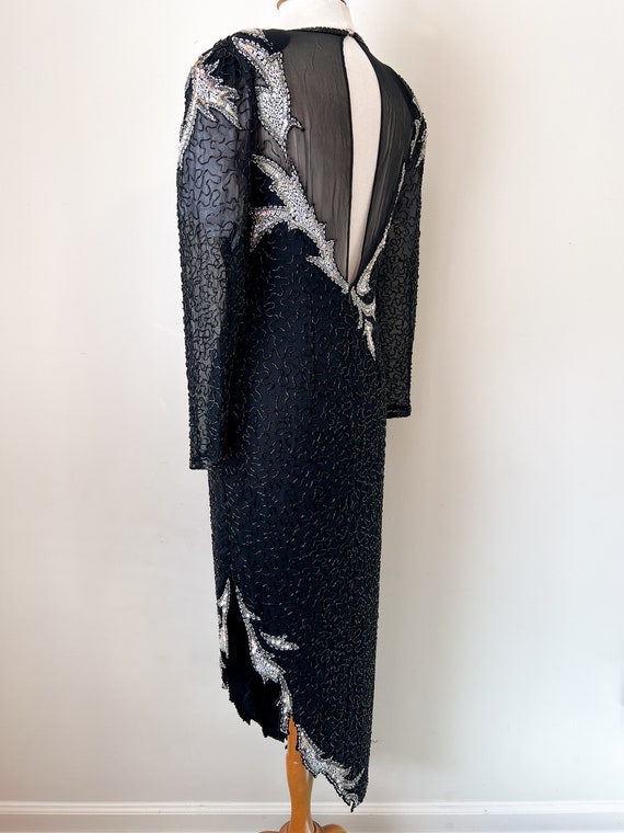 80s Noir Hand-Beaded Glamour Gown / 100% Silk / B… - image 6