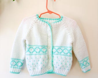2T / Cardigan en tricot blanc et menthe pour enfant vintage / Manches raglan / Tricoté à la main
