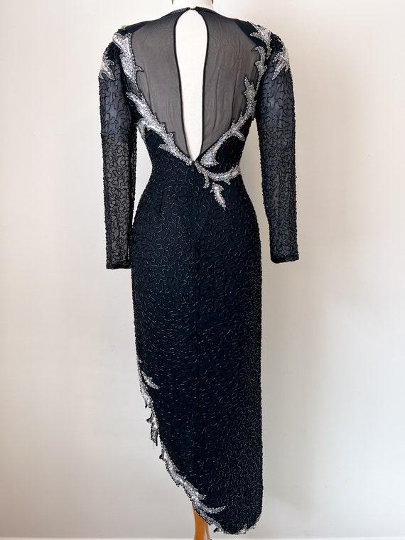 80s Noir Hand-Beaded Glamour Gown / 100% Silk / B… - image 7