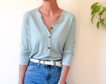 Chemisier boutonné vert sauge Vtg Deadstock / Carole Little Petites / acétate élasthanne / Taille Small