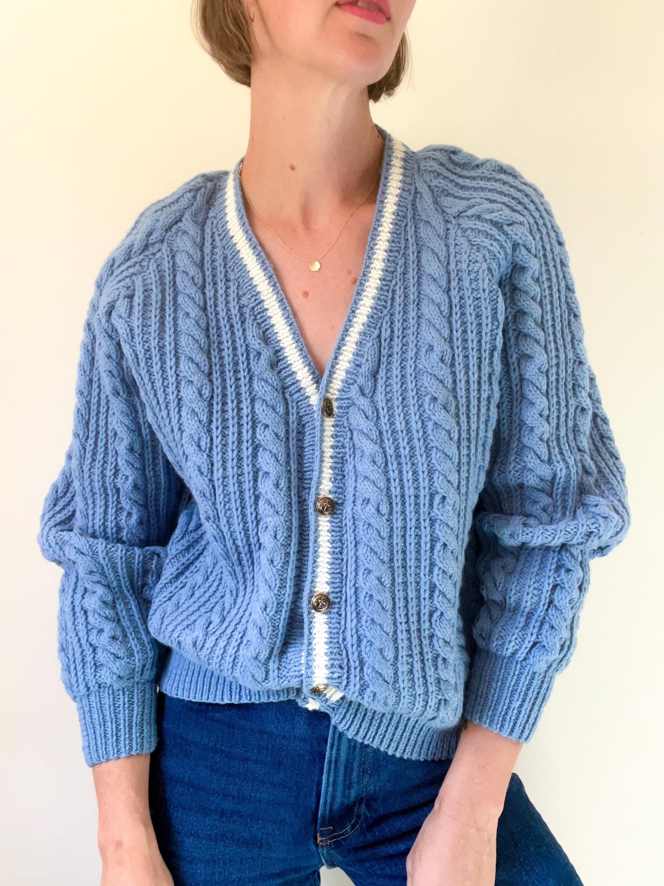 Vintage Hand-knit Cable Knit Cardigan / Baby Blue and White