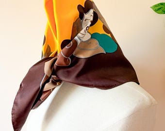 Jaren 70 VTG waterafstotende regensjaal / Pry / Geelbruine groenblauw / polyester / 26" sq