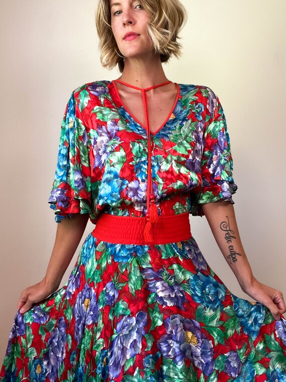 80s Vintage DIANE FREIS Bold Floral Dress / High … - image 5