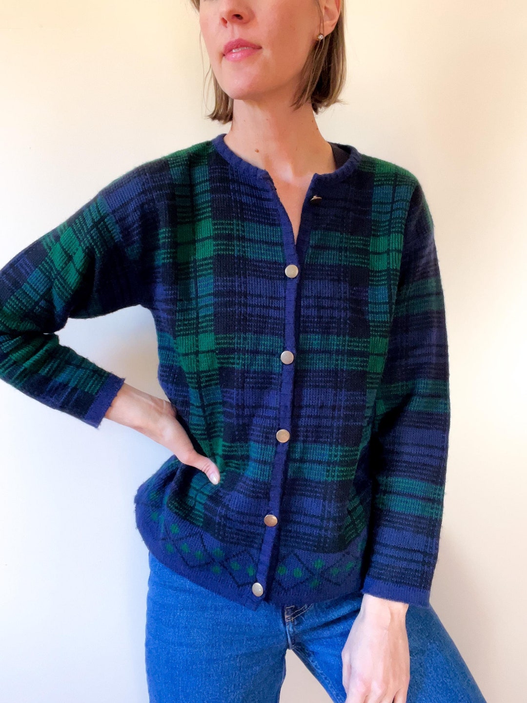 感謝の声続々！ Blue & Green Vintage 90s Plaid Jones Victoria / Cardigan トップス