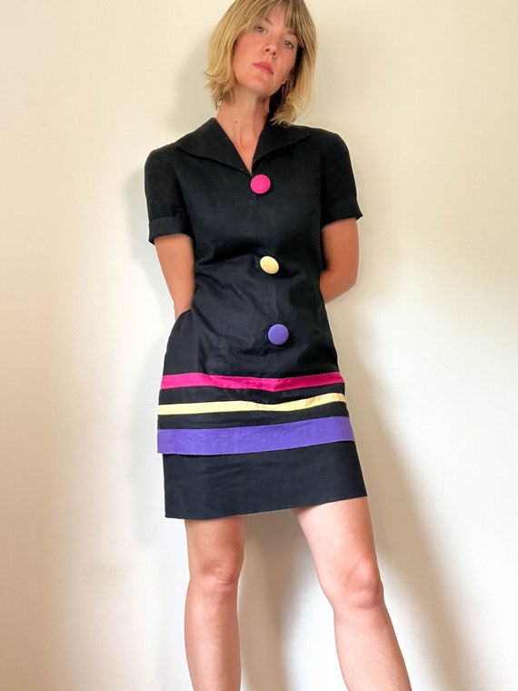 Vintage Colorful Linen Blend Dress / Short Sleeve… - image 1