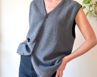 Débardeur VTG Boxy des années 90 pour homme / Réunion / Gris avec bordure noire / Boutonnage / Col en V / Moyen
