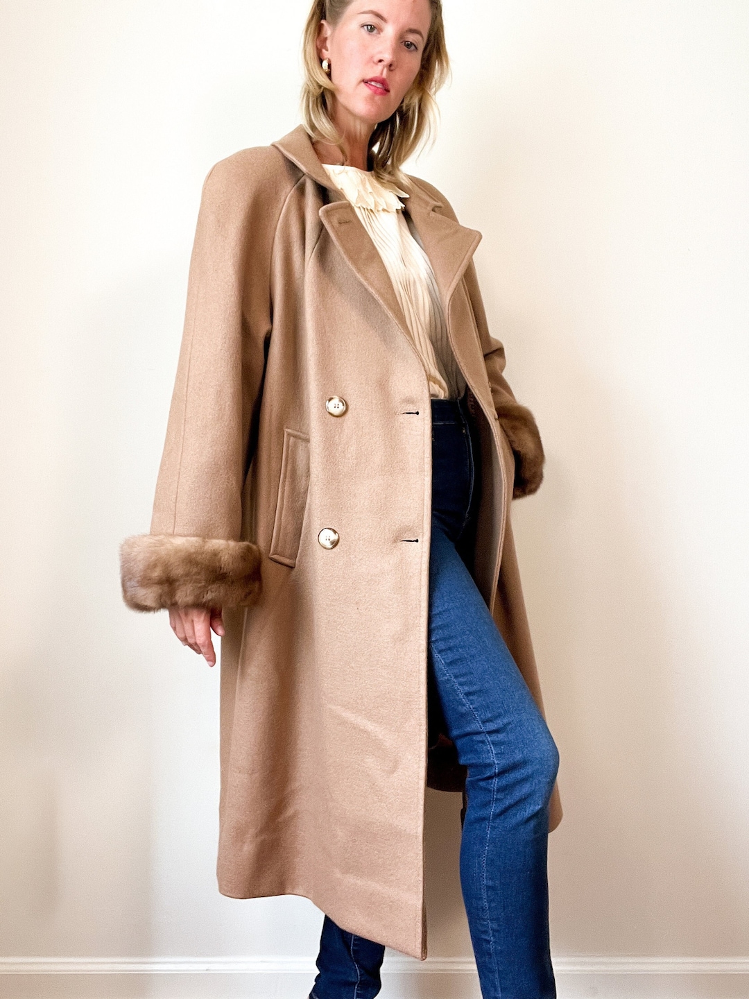 Vintage Wool Coat With Fur Cuffs / KOMITOR / Camel Color Coat / Double