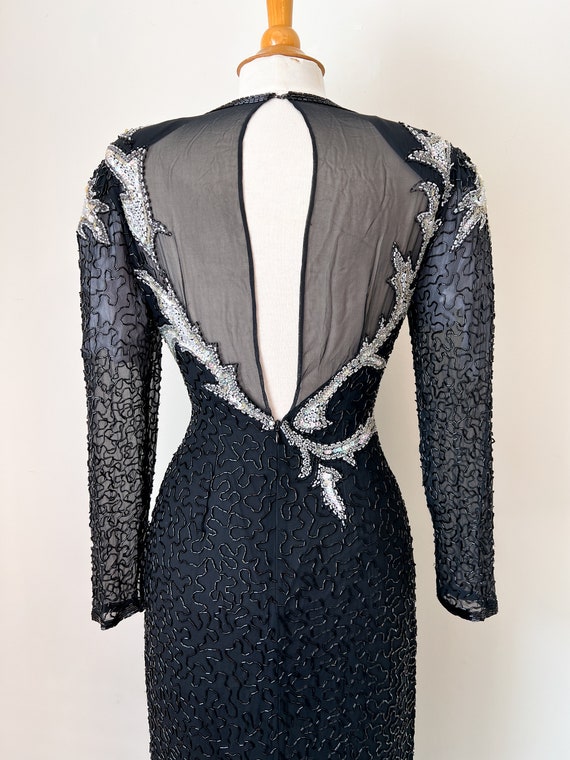 80s Noir Hand-Beaded Glamour Gown / 100% Silk / B… - image 8