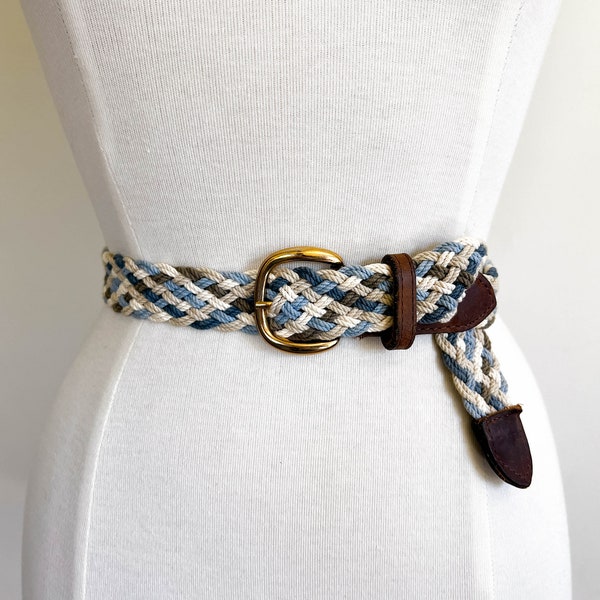vintage woven robe belt / gold buckle / blue tan taupe rope / dark brown leather / 1.25" wide / 32" of braid / size small - medium