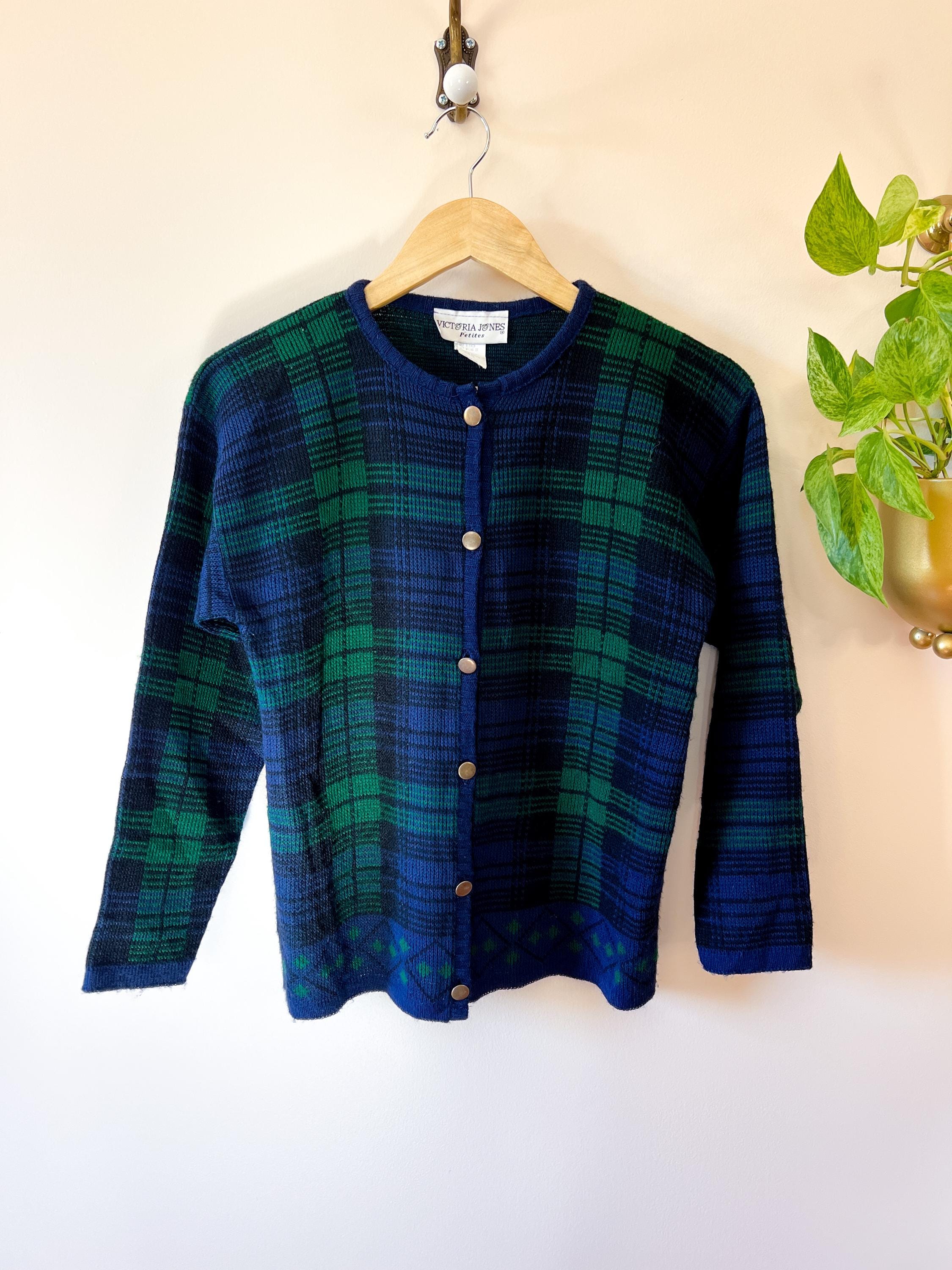 90s Vintage Green & Blue Plaid Cardigan / Victoria Jones