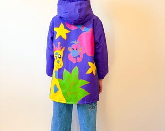 Veste de pluie colorée vintage pour enfant / Gouttelettes / Thème des animaux de zoo / Vinyle / Rose pourpre / Taille 4T