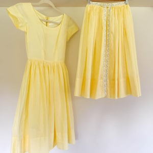 60s Vtg Buttercup Yellow Ballerina Dress / Full Overskirt / Ribbon Trim / Wide Scoop Neckline / Cotton / Size XS